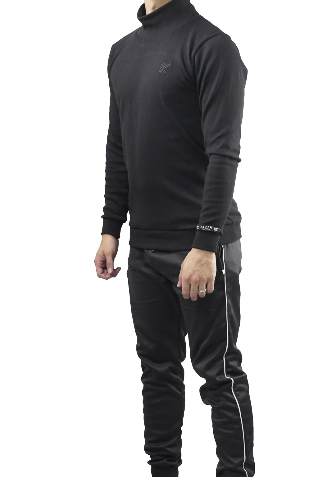 Black tracksuit with white stripes on a white background