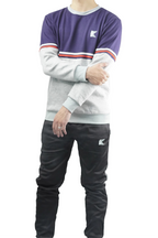 Person wearing a two-tone sweatshirt with a logo on a white background